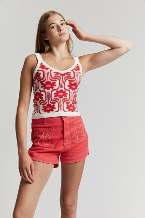 PRINTED SHOULDER STRAPS TOP CHILI RED